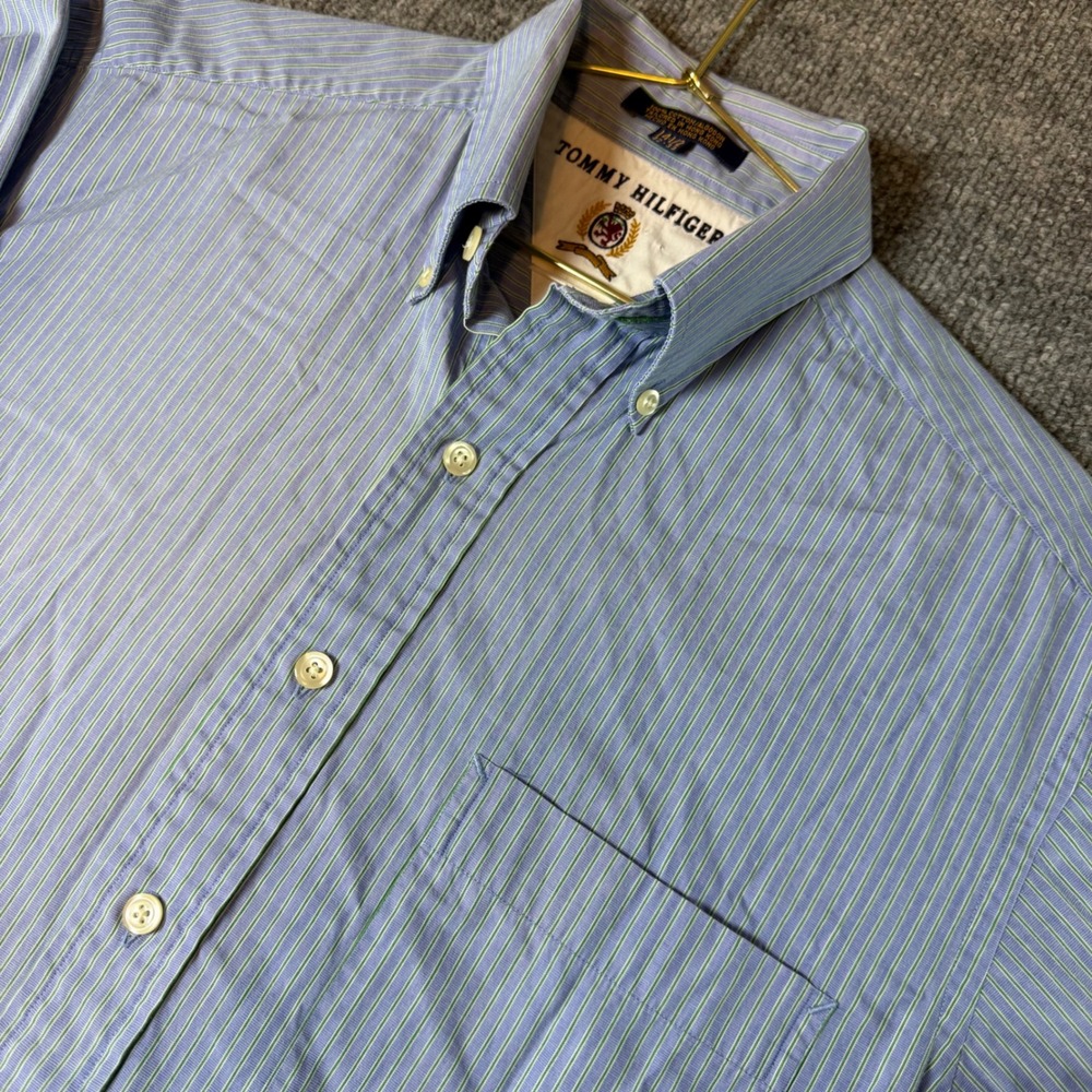 Tommy Hilfiger Mens Blue Green Striped Button Down Shirt 14.5 32/33 Cotton